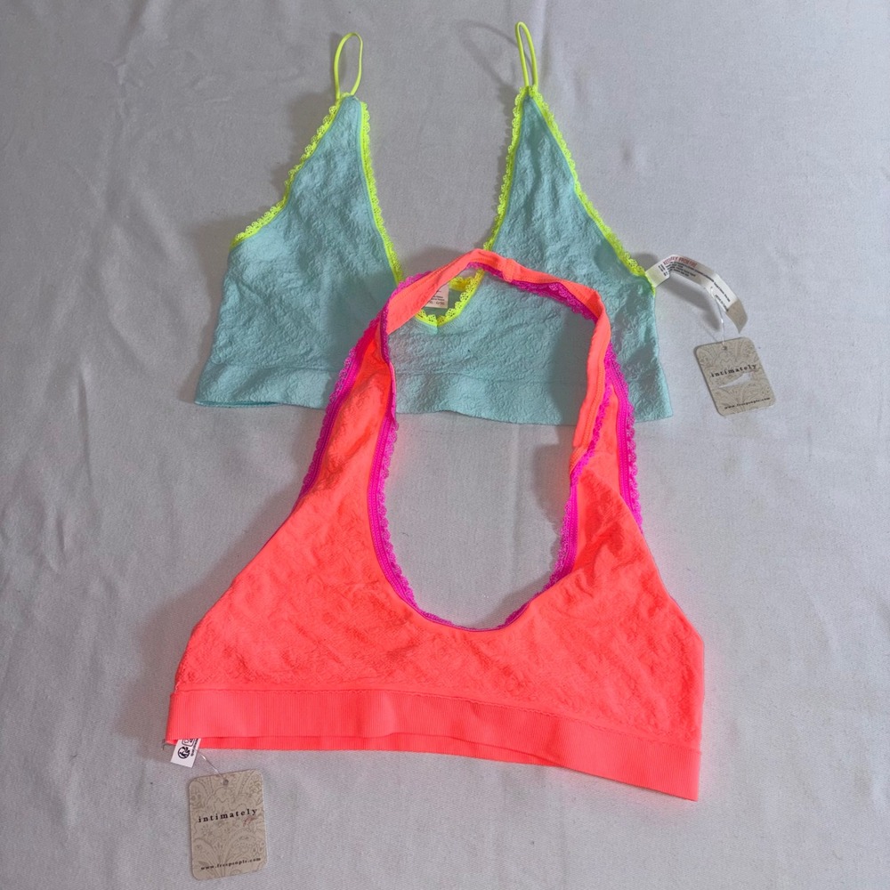 Free People Bralette Set Large XL Neon Orange Jade New Lace Textured 2 pack